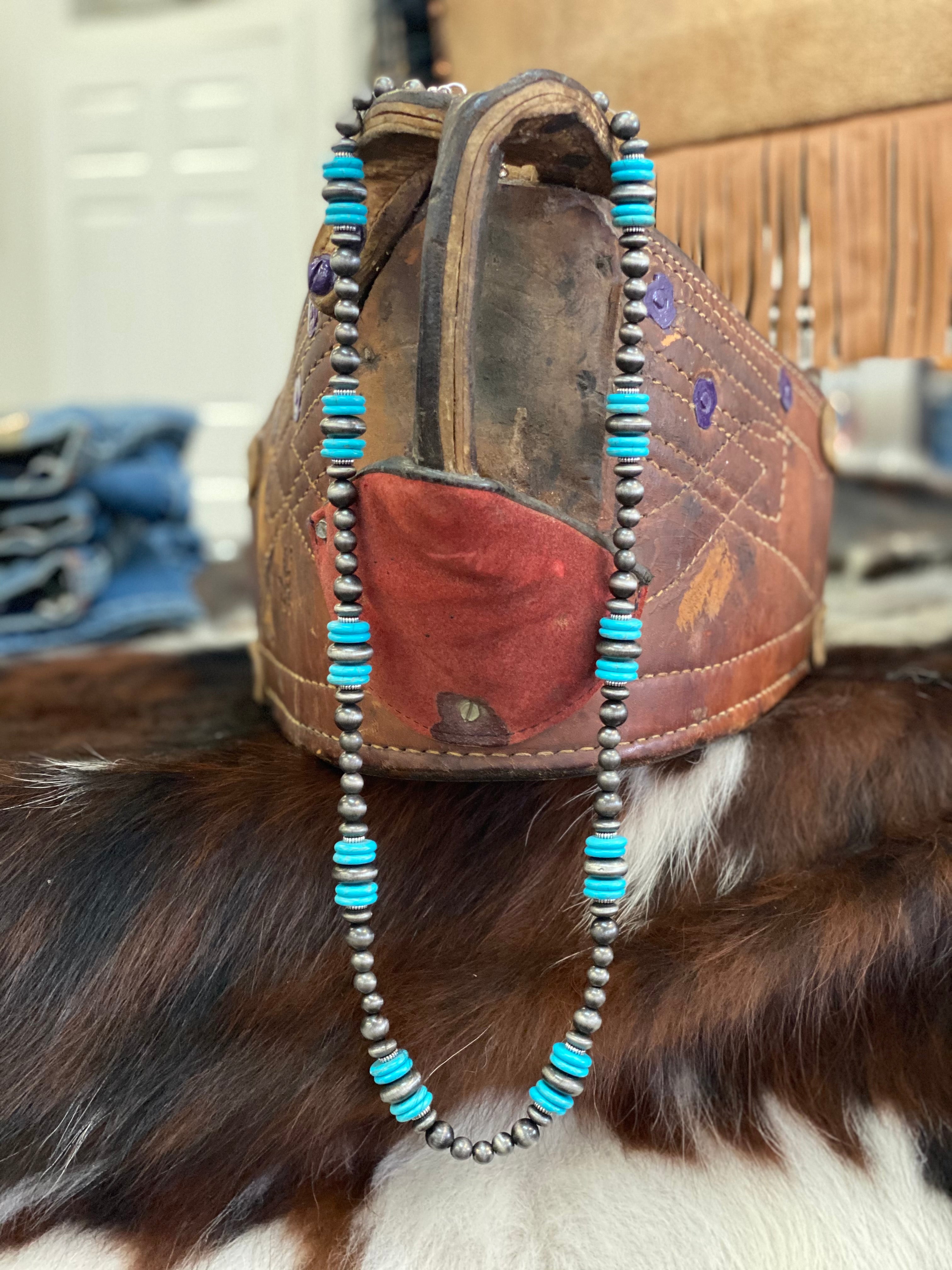 Navajo Pearl Necklace with Turquoise Disc Accents - Pistols and Petticoats
