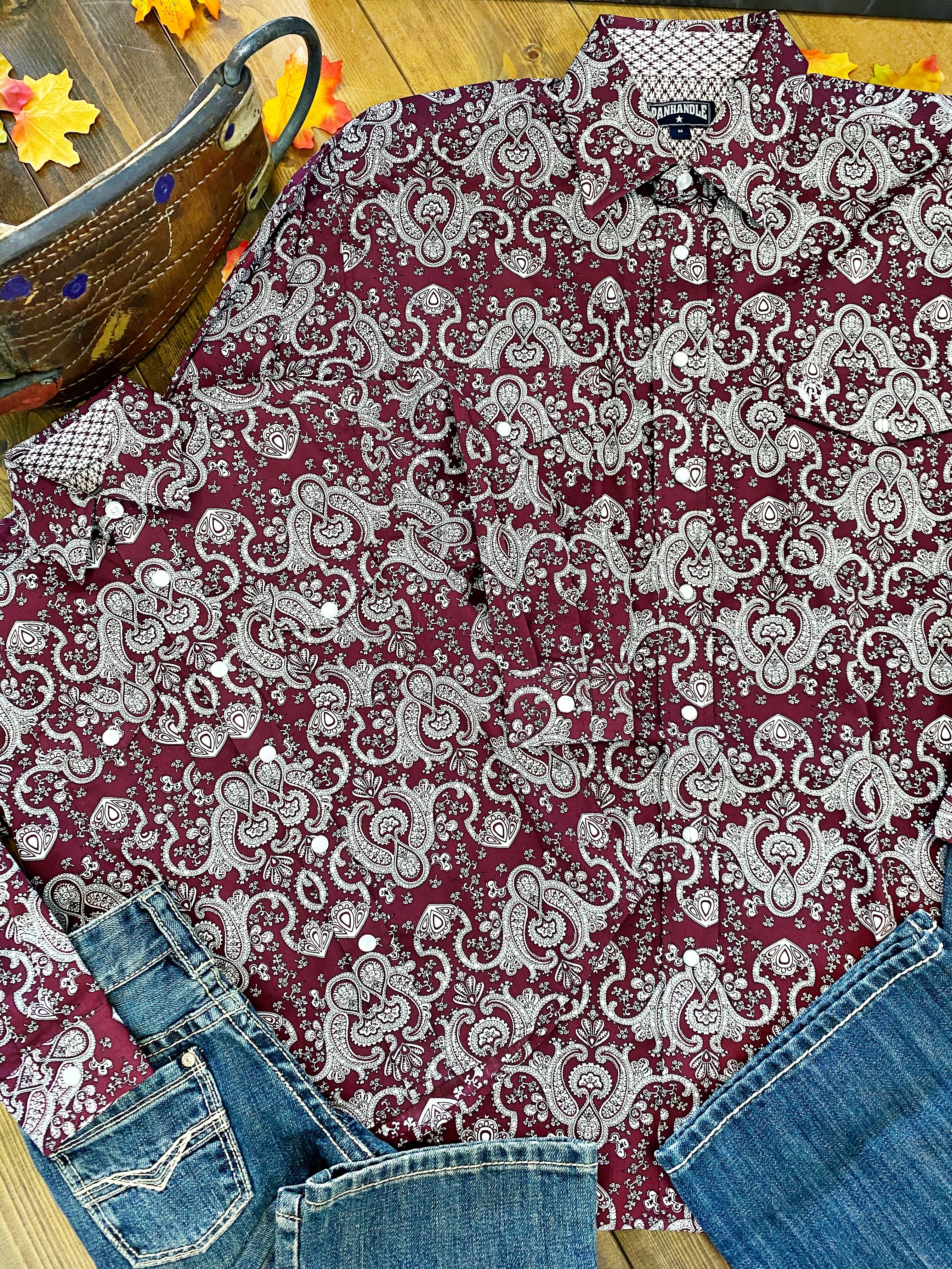 Men's Burgundy Paisley Long Sleeve Shirt - Pistols and Petticoats