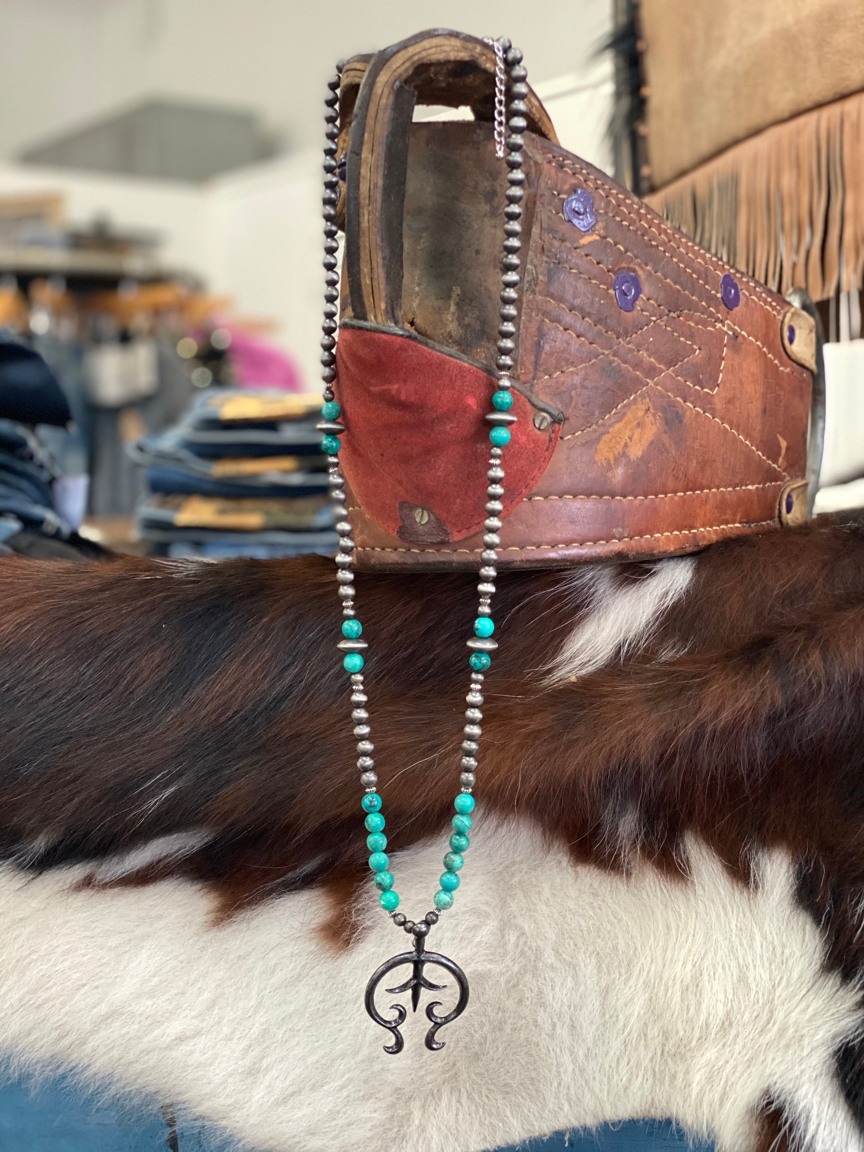 Navajo Pearl Necklace with Naja and Turquoise Accent - Pistols and Petticoats